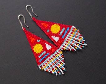 Red Fringe Earrings, Geometric Shoulder Duster Earrings, Colorful Fringe Earrings, Fringe Earrings, Beaded Fringe Earrings MADE TO ORDER