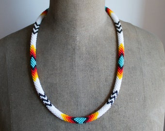 White Turquoise Native Style Necklace, White Ethnic Necklace, Boho Necklace, Native Style Beadwork Necklace MADE TO ORDER