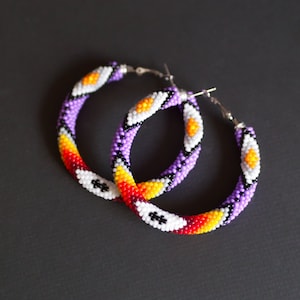 Purple Native Style Earrings, Southwest Style Hoops, Ethnic Style Hoop Earrings, Bead Crochet Hoops, Ethnic Beadwork MADE TO ORDER