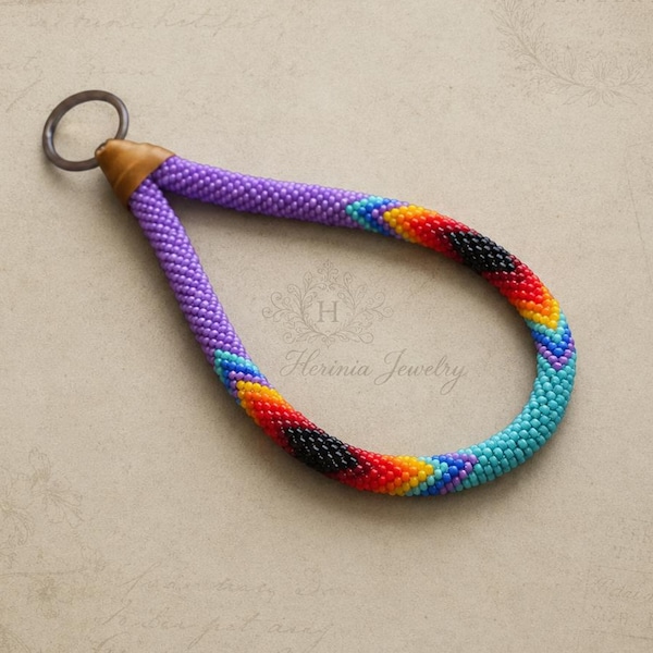 Purple and Turquoise Native Style Beaded Wristlet Keychain: Boho Beadwork Bracelet Wristlet