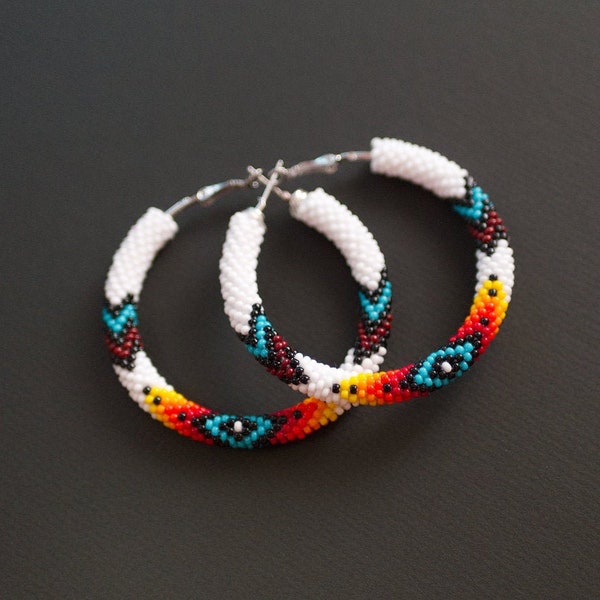 White Native Style Earrings, Ethnic Style Hoop Earrings, Southwestern Style Hoops, Bead Crochet Hoops, Ethnic Beadwork MADE TO ORDER