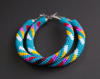 Turquoise Ethnic Earrings Native Style Earrings Colorful Beaded Hoop Earrings Blue Pink Native Style Hoop Earrings Big Hoops MADE TO ORDER