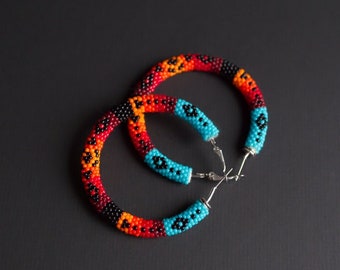 Colorful Native Style Earrings, Ethnic Style Hoop Earrings, Southwestern Style Hoops, Bead Crochet Hoops, Ethnic Beadwork MADE TO ORDER