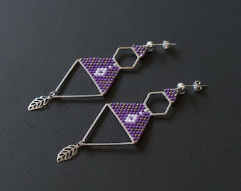 Silver Purple Geometric Earrings, Long Purple Earrings, Boho Earrings, Boho Chic Earrings, Purple Triangle Earrings, Silver Stud Earrings