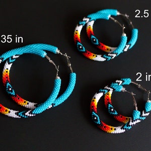 Turquoise Native Style Earrings, Ethnic Style Hoop Earrings, Southwestern Style Hoops, Bead Crochet Hoops, Ethnic Beadwork MADE TO ORDER image 4