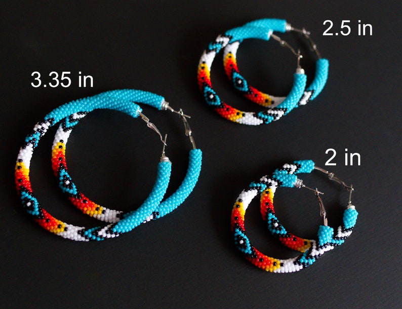 Turquoise Native Style Earrings, Ethnic Style Hoop Earrings, Southwestern Style Hoops, Bead Crochet Hoops, Ethnic Beadwork MADE TO ORDER image 4