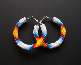 White Native Style Hoop Earrings, White Orange Hoop Earrings, White Boho Earrings, Ethnic Earrings, White Beadwork Earrings MADE TO ORDER