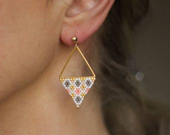 Geometric Earrings, Triangle Earrings, Himmeli Inspired Earrings, Beadwork Earrings, White Pink Earrings, Gold Stud Earrings - MADE TO ORDER