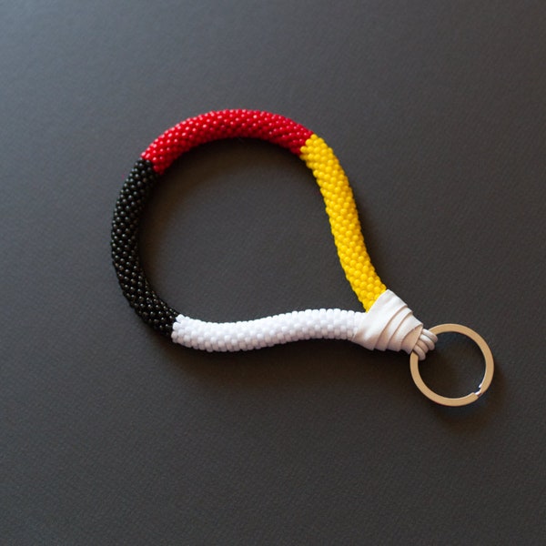 White Yellow Red Black Keychain, Beadwork Key Fob, Beaded Wristlet, Colorful Key Fob, Four Colors Wristlet MADE TO ORDER