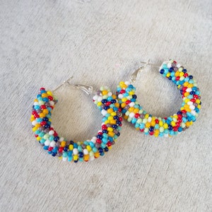 Colorful Earrings, Multicolor Beaded Earrings, Beaded Hoop Earrings, Beadwork Hoop Earrings, Bead Crochet Hoops, Colorful Hoops, Polka Dots image 9