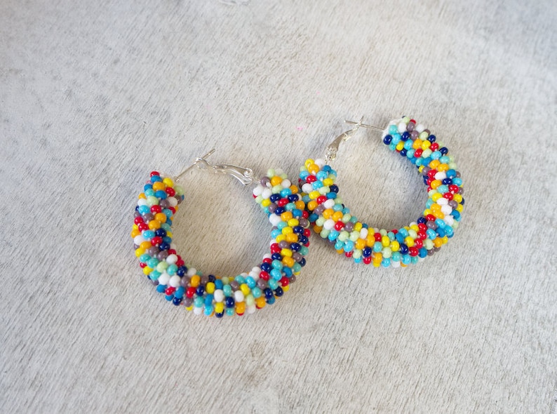 Colorful Earrings, Multicolor Beaded Earrings, Beaded Hoop Earrings, Beadwork Hoop Earrings, Bead Crochet Hoops, Colorful Hoops, Polka Dots image 9