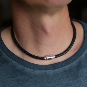 Leren herenketting, dikke gevlochten leren ketting, roestvrij staal, ketting met magnetische sluiting, herensieraden, dikke leren ketting