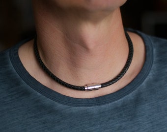 Collier en cuir pour homme, épais cordon tressé avec fermoir magnétique en acier inoxydable, gros bijoux masculins, cadeau fait main pour lui