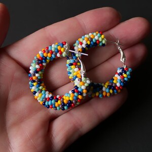 Colorful Earrings, Multicolor Beaded Earrings, Beaded Hoop Earrings, Beadwork Hoop Earrings, Bead Crochet Hoops, Colorful Hoops, Polka Dots image 10