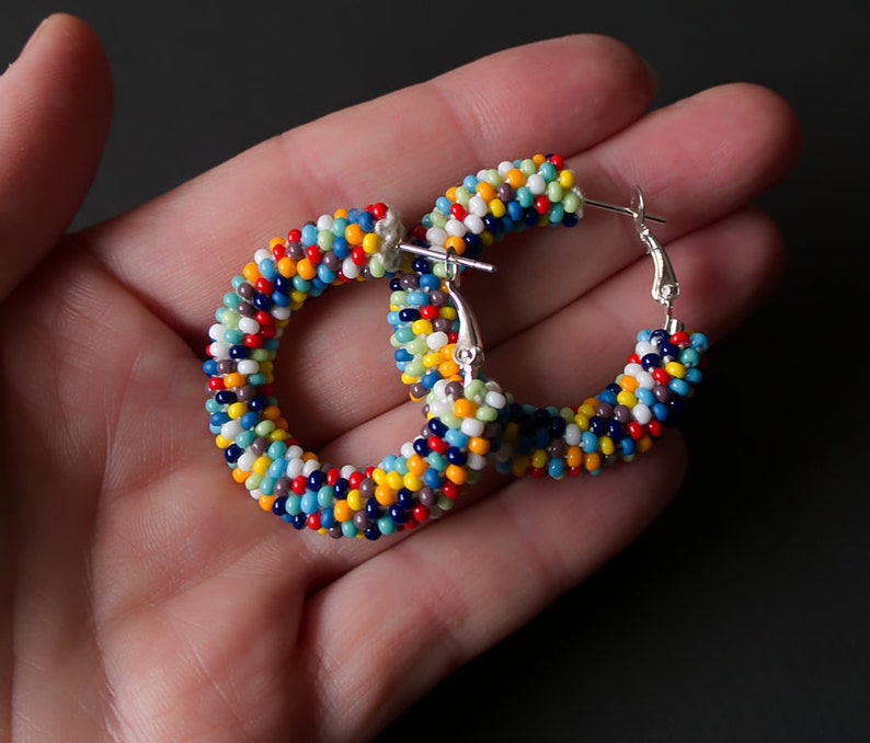 Colorful Earrings, Multicolor Beaded Earrings, Beaded Hoop Earrings, Beadwork Hoop Earrings, Bead Crochet Hoops, Colorful Hoops, Polka Dots image 10