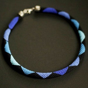 Blue Ombre Necklace, Blue Gradient Necklace, Bead Crochet Necklace, Blue Rope Necklace, Forest Green Black Necklace - MADE TO ORDER