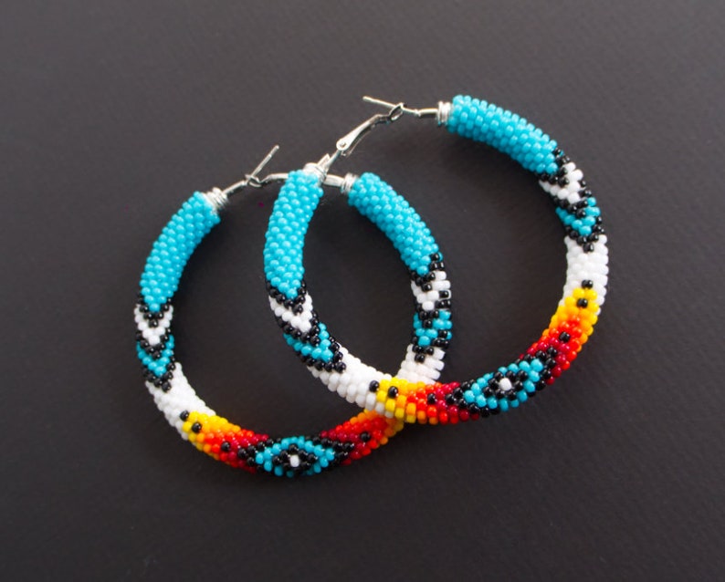 Turquoise Native Style Earrings, Ethnic Style Hoop Earrings, Southwestern Style Hoops, Bead Crochet Hoops, Ethnic Beadwork MADE TO ORDER image 1