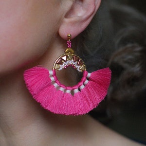 Hot Pink Earrings, Pink Fringe Earrings, Hot pink tassel earrings Fan tassel earrings Pink earrings Gift for her Hoop earrings Boho earrings