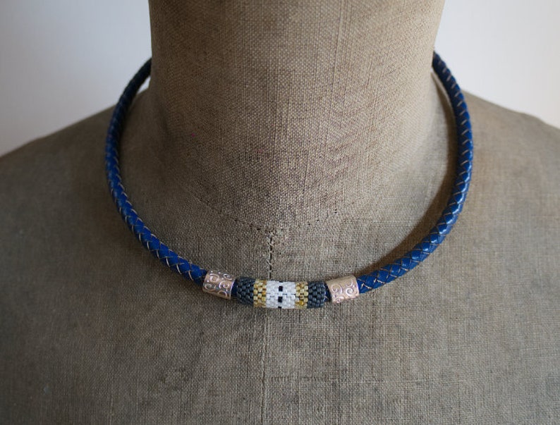 Unisex Beaded Necklace Blue Leather Choker Red White Necklace Hipster Necklace Blue Braided Leather Cord Necklace Seed Bead Choker