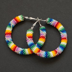 Peruvian Colors Hoop Earrings, Beaded Rainbow Hoops, Colorful Earrings, Bead Crochet Earrings, Patchwork Earrings, Colorful - MADE TO ORDER