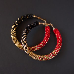 Golden Black Red Ombre Earrings, Red-to-gold-to-black Gradient Ombre Hoop Earrings, Statement Hoops  (Made to Order)