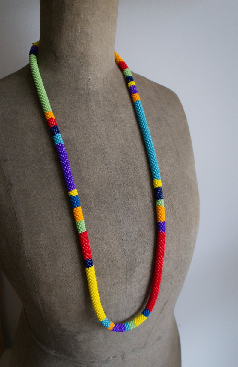 Ethnic Jewelry Long Bead Crochet Necklace Rainbow Wrap Necklace Multicolor Long Wrap Necklace Colorful African Style Necklace
