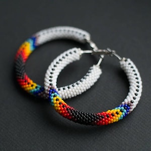 White Native Style Hoop Earrings, Ethnic Earrings, Western Style Earrings, White Beaded Earrings, Colorful Native Style Hoops MADE TO ORDER