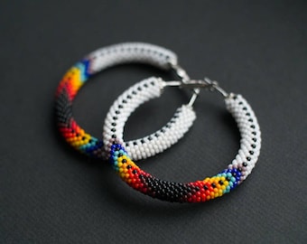 White Hoop Earrings, Ethnic Earrings, Boho Earrings, Bead Crochet Earrings, Colorful Native Style Hoops, Colorful Earrings MADE TO ORDER