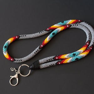 Gray Ethnic Style Lanyard, Beadwork Lanyard, Native Style Lanyard, Ethnic Badge Holder, Beaded Id Holder, ID Card Necklace - MADE TO Order