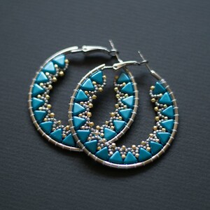 Teal Beaded Hoop Earrings, Silver Turquoise Earrings, Fancy Hoop Earrings, Colorful Beadwork Earrings, Geometric Earrings, Big Hoop Earrings