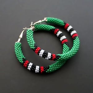 Green Ethnic Earrings, Green Hoop Earrings, Hoop Beadwork Earrings, Ethnic Earrings,  African Vibes Hoops, Big Beaded Hoops MADE TO ORDER