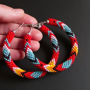 Red Turquoise Native Style Earrings, Ethnic Inspired Hoop Earrings, Bead Crochet Hoops, Big Red Hoops, Ethnic Beadwork MADE TO ORDER