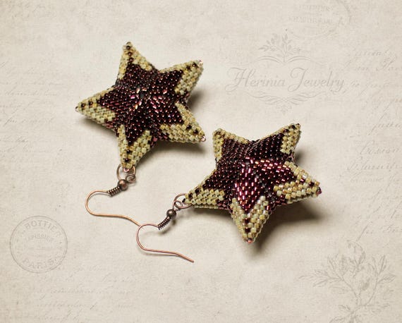 Star Earrings, Five-Pointed Star Earrings, Copper and Beige Earrings, 3D Earrings, Beadwork Earrings, Brown Earrings, Starfish Earrings