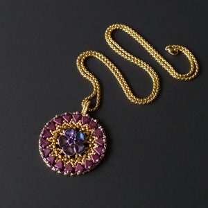 Purple and Gold Necklace, Plum Purple Necklace, Mandala Necklace, Beadwork Medallion Necklace, Gold Medallion Pendant,  3D Beaded Pendant
