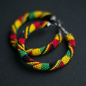 Rasta Style Earrings, Reggae Style Earrings, Rastafarian Colors Earrings,  Rasta Africa Style Hoop Earrings, Ethnic Beadwork  MADE TO ORDER