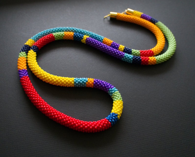 Ethnic Jewelry Long Bead Crochet Necklace Rainbow Wrap Necklace Multicolor Long Wrap Necklace Colorful African Style Necklace