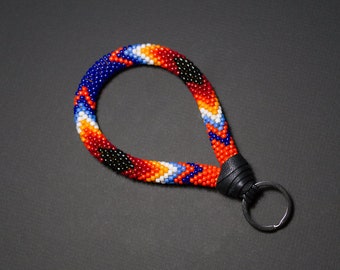 Orange and Blue Native Style Beaded Keychain Wristlet, Wrist Keychain, Ethnic Boho Wristlet, Beaded Key Fob Navy Blue Keychain MADE TO ORDER