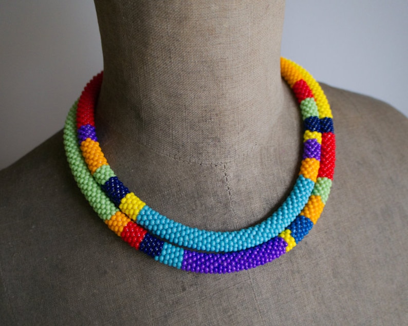Ethnic Jewelry Long Bead Crochet Necklace Rainbow Wrap Necklace Multicolor Long Wrap Necklace Colorful African Style Necklace