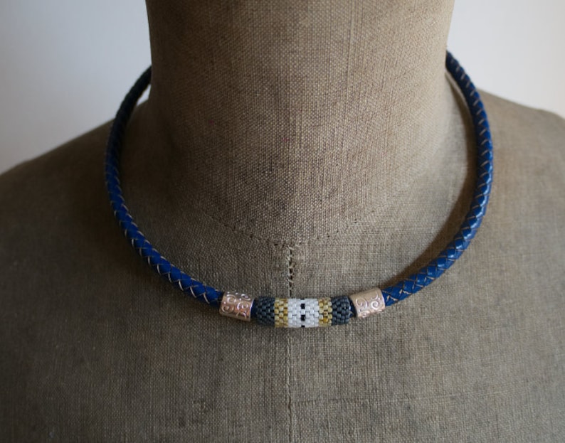 Unisex Beaded Necklace Blue Leather Choker Red White Necklace Hipster Necklace Blue Braided Leather Cord Necklace Seed Bead Choker