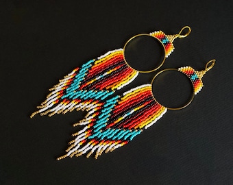 Ethnic Shoulder Duster Earrings, Extra Long Earrings, Long Fringe Earrings, Shoulder Duster Hoops Native Style Fringe Earrings MADE TO ORDER