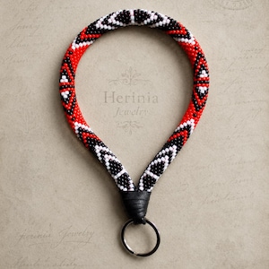 Red Beaded Wristlet Keychain – Ethnic Pattern, Versatile Strap, Handmade Jewelry