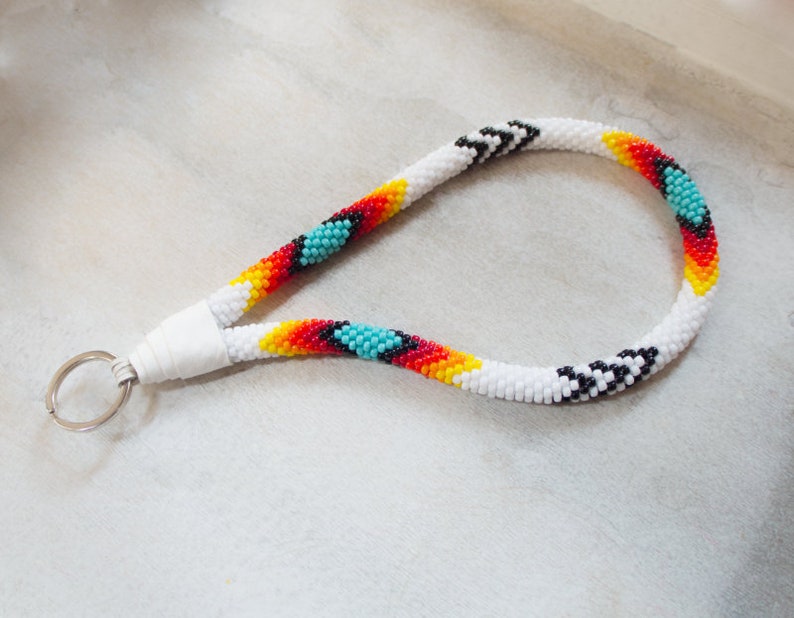 White Native Style Keychain Beaded Wristlet Ethnic Inspired Etsy