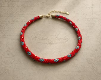 Red, Turquoise & Gold Seed Bead Necklace in Boho Style