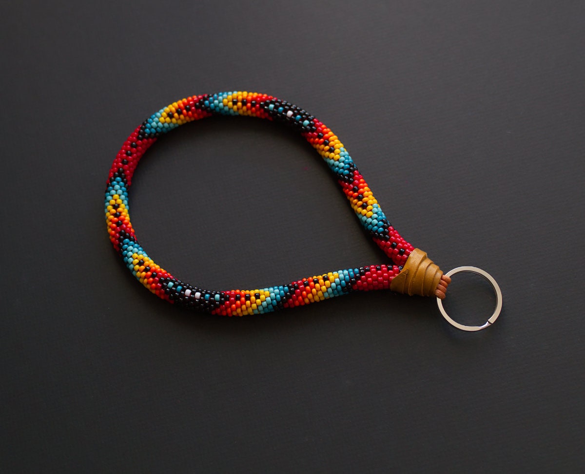 Colorful Native Style Beaded Keychain, Colorful Beaded Wristlet, Ethnic Style Wristlet, Colorful Beadwork, Purple Key Fob MADE TO ORDER