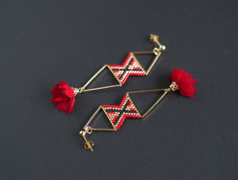 Himmeli Inspired Earrings Boho Floral Earrings Boho Chic Earrings Red and Gold Ethnic Earrings Geometric Earrings Golden Earrings