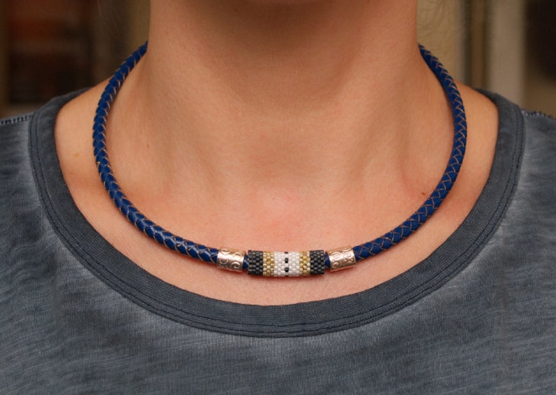 Unisex Beaded Necklace Blue Leather Choker Red White Necklace Hipster Necklace Blue Braided Leather Cord Necklace Seed Bead Choker