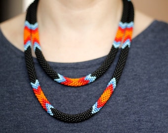 Black Turquoise Orange Ethnic Style Necklace, Ethnic Layering Necklace, Two-Strand Necklace, Layered Southwest Style Necklace MADE TO ORDER