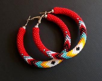 Big Red Hoop Earrings, Red Ethnic Earrings, Big Red Hoops, Red Hoop Earrings, Beadwork Earrings, Red Earrings MADE TO ORDER