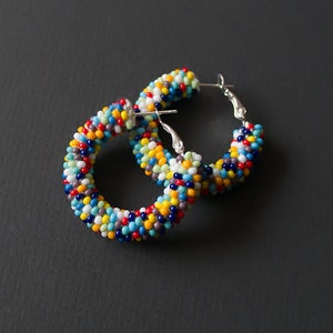 Colorful Earrings, Multicolor Beaded Earrings, Beaded Hoop Earrings, Beadwork Hoop Earrings, Bead Crochet Hoops, Colorful Hoops, Polka Dots image 8