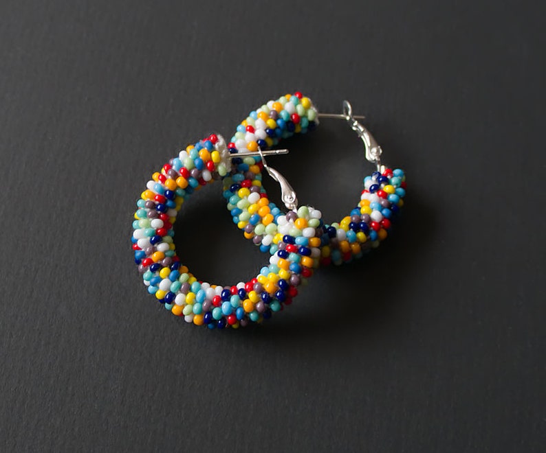 Colorful Earrings, Multicolor Beaded Earrings, Beaded Hoop Earrings, Beadwork Hoop Earrings, Bead Crochet Hoops, Colorful Hoops, Polka Dots image 8